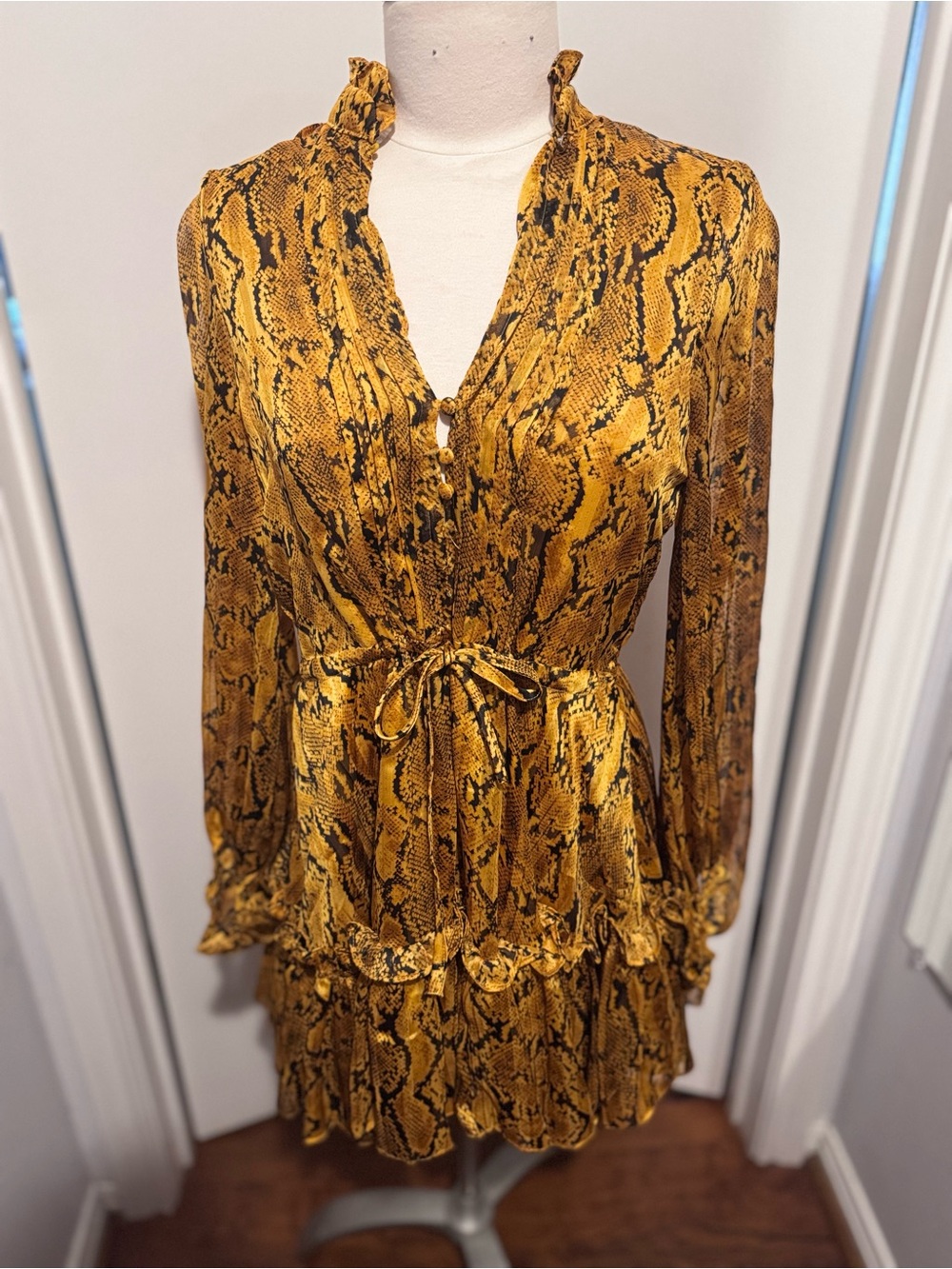 Buddy Love Mustard Snake-Print Ruffle Tie-Waist Dress